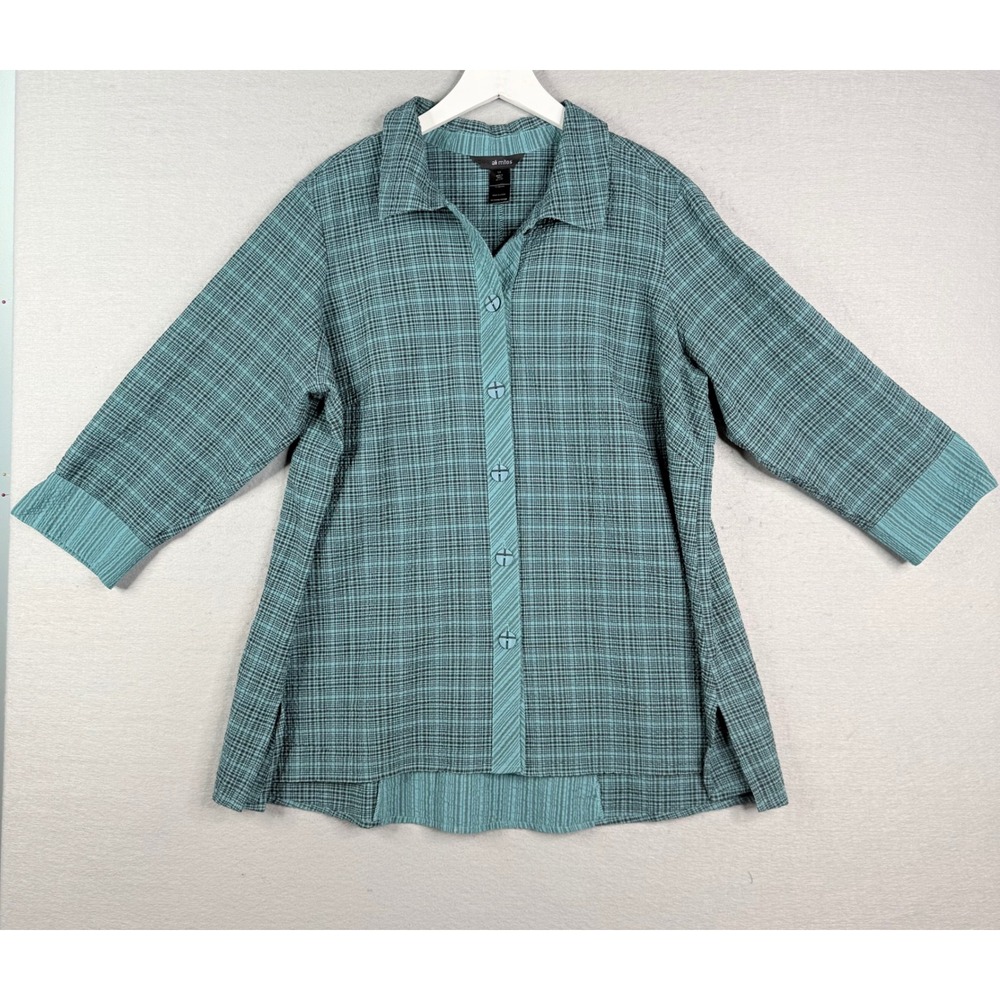 Ali Miles Button Up Top Womens 1X Blue Plaid Textured 3/4 Sleeve Wearable Art